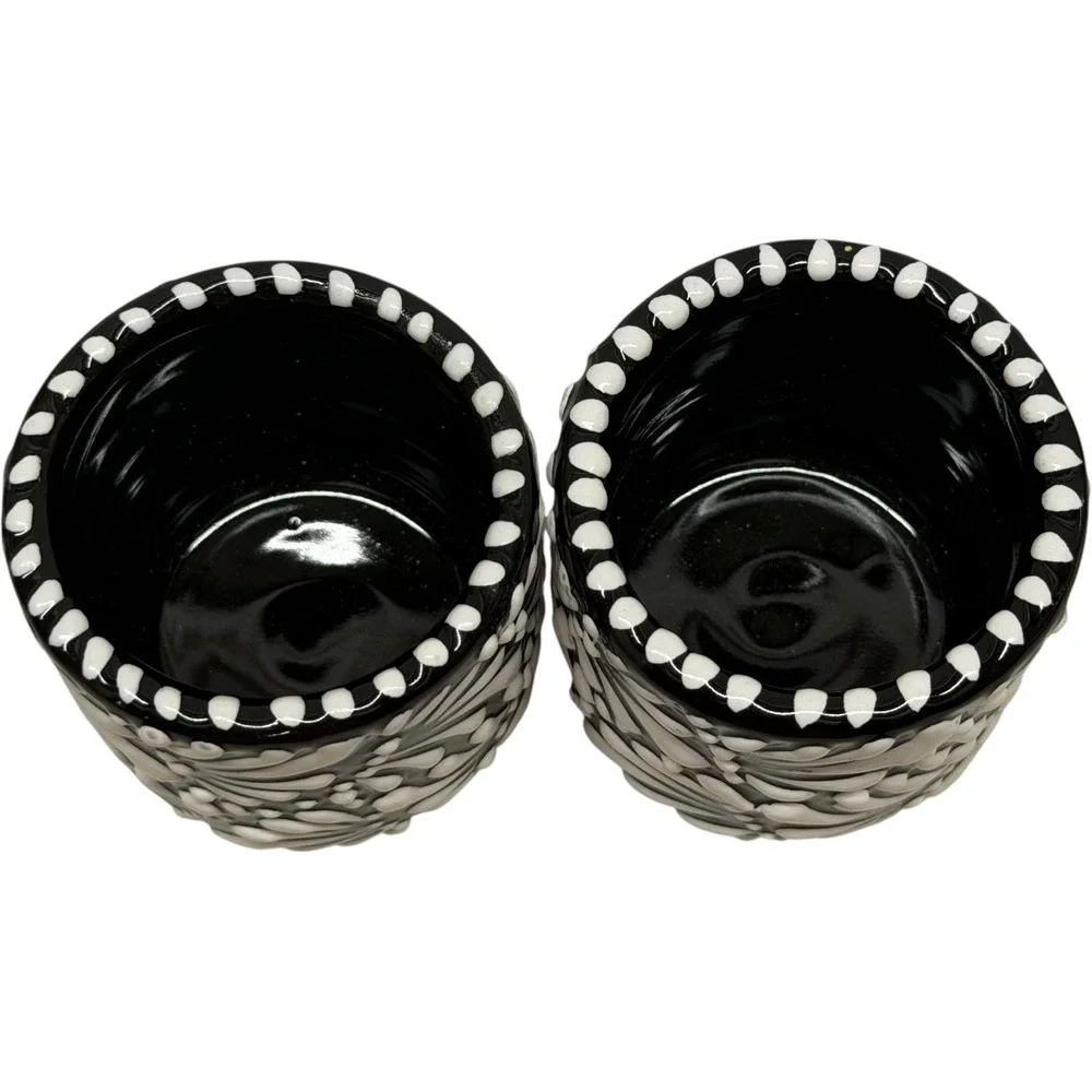 Handmade Talavera Shot Glasses Black White Floral Ceramic Set of 4 Vintage Style